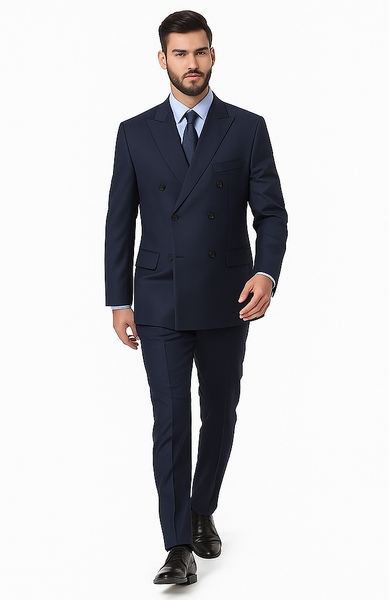 Navy Double Breasted Suits peak lapel wool front With Side Vent Jacket Pleated Pants suit