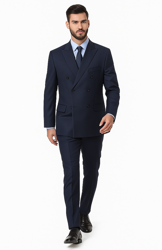 Navy Double Breasted Suits peak lapel wool front With Side Vent Jacket Pleated Pants suit