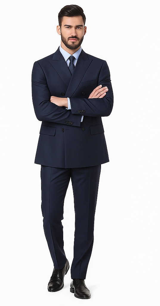 Navy Double Breasted Suits peak lapel wool front With Side Vent Jacket Pleated Pants suit