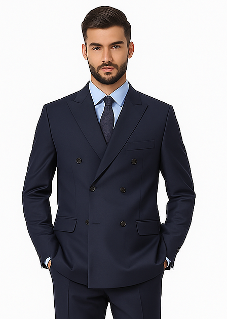 Navy Double Breasted Suits peak lapel wool front With Side Vent Jacket Pleated Pants suit
