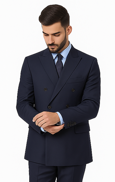 Navy Double Breasted Suits peak lapel wool front With Side Vent Jacket Pleated Pants suit
