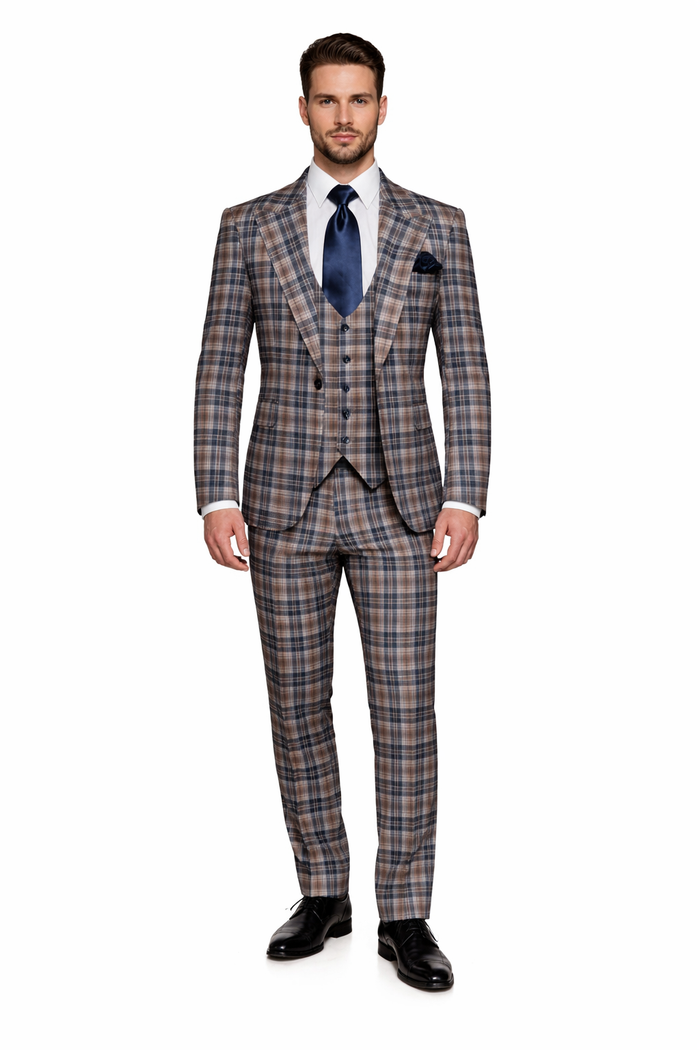 Navy Highland Check 3-Piece Plaid Wedding Suit