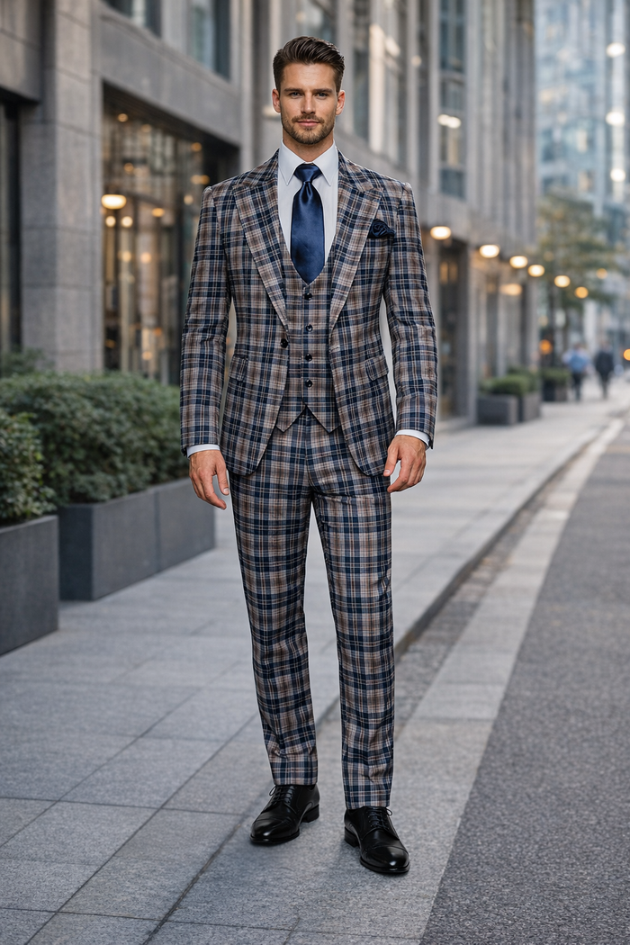 Navy Highland Check 3-Piece Plaid Wedding Suit