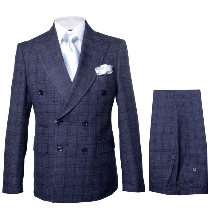 Navy Windsor Plaid Double-Breasted 3-Piece Luxury Suit by Rossiman