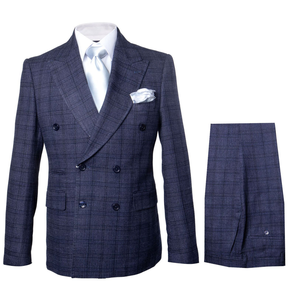 Navy Windsor Plaid Double-Breasted 3-Piece Luxury Suit by Rossiman