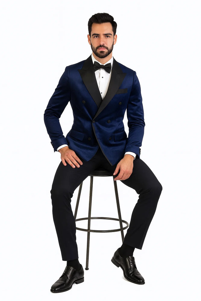 Navy Velvet Double Breasted Tuxedo Jacket – Wedding & Prom