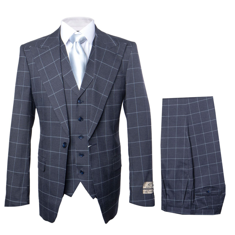 Navy Gridline Windowpane 3-Piece Modern Executive Suit by Rossiman