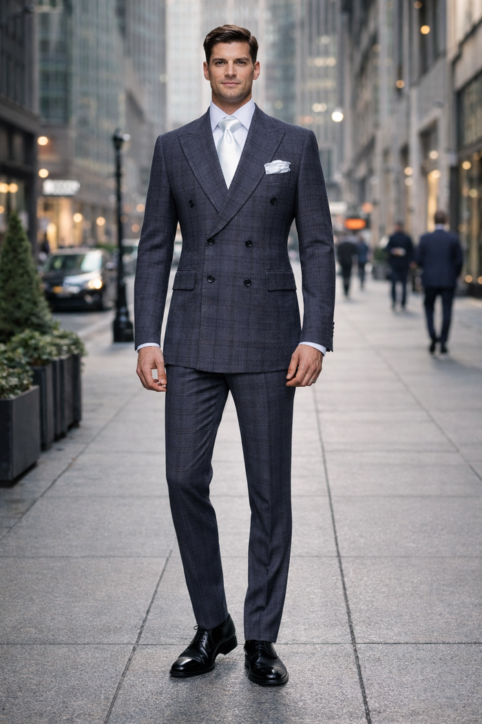 Navy Windsor Plaid Double-Breasted 3-Piece Luxury Suit by Rossiman