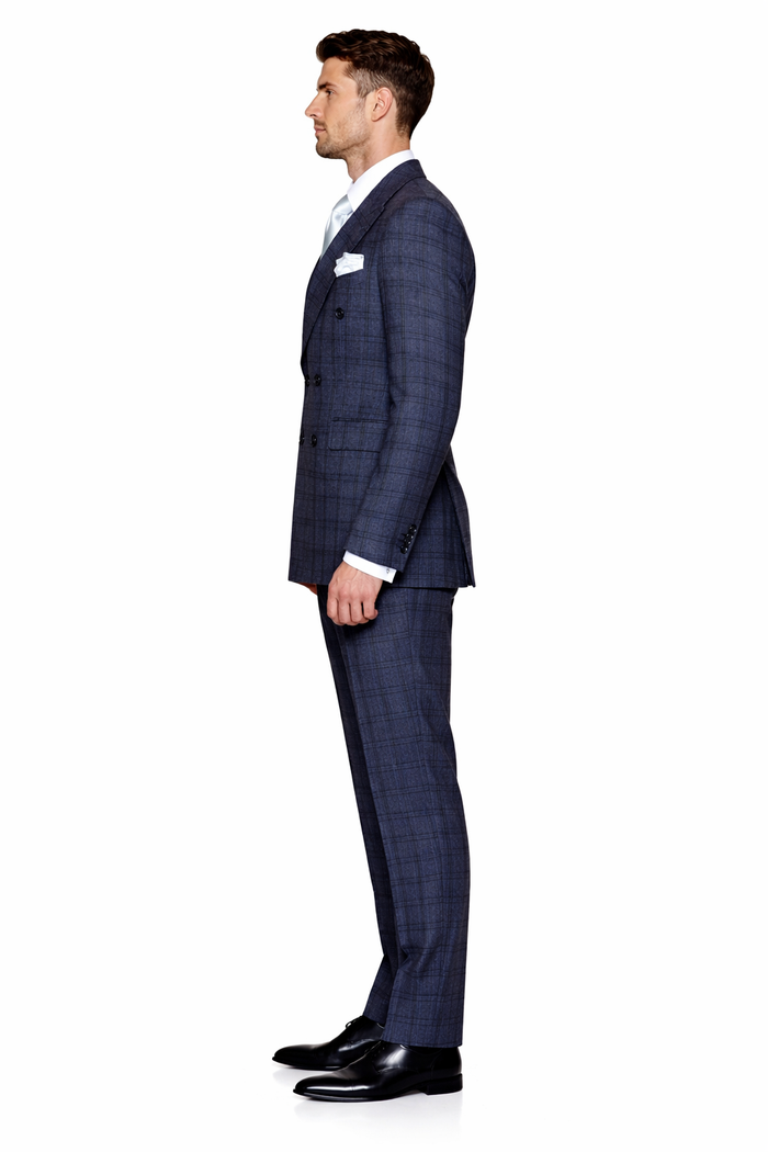 Navy Windsor Plaid Double-Breasted 3-Piece Luxury Suit by Rossiman