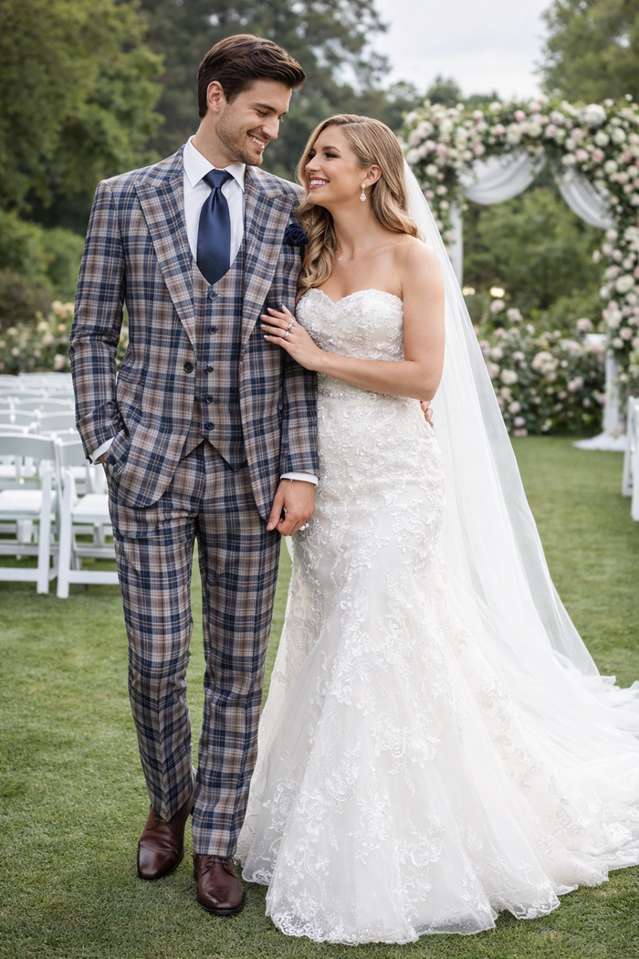 Navy Highland Check 3-Piece Plaid Wedding Suit