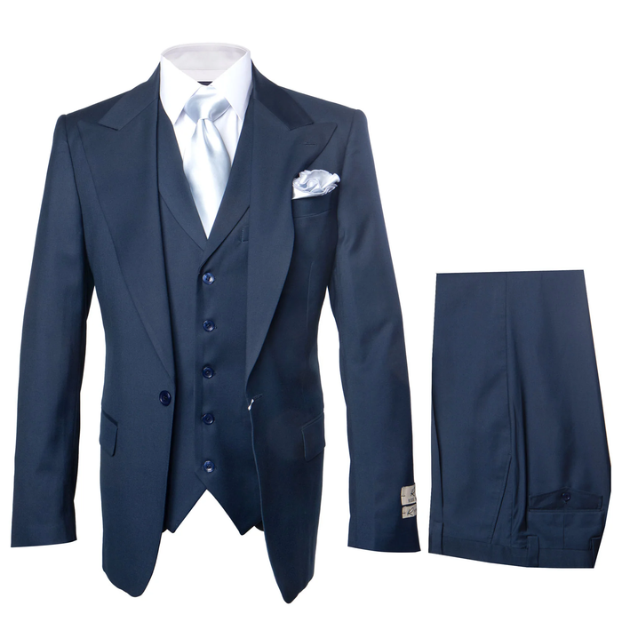 Suits With Baggy Pleated Pants - Wide Leg Pants 100% Wool - Classic Fit in Navy Single Breast Lapel by Rossiman