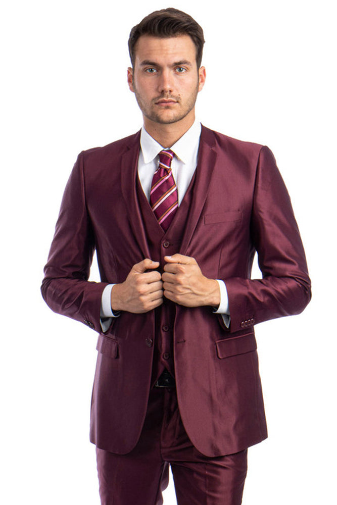 Men's Burgundy Sharkskin Suit for Formal Events