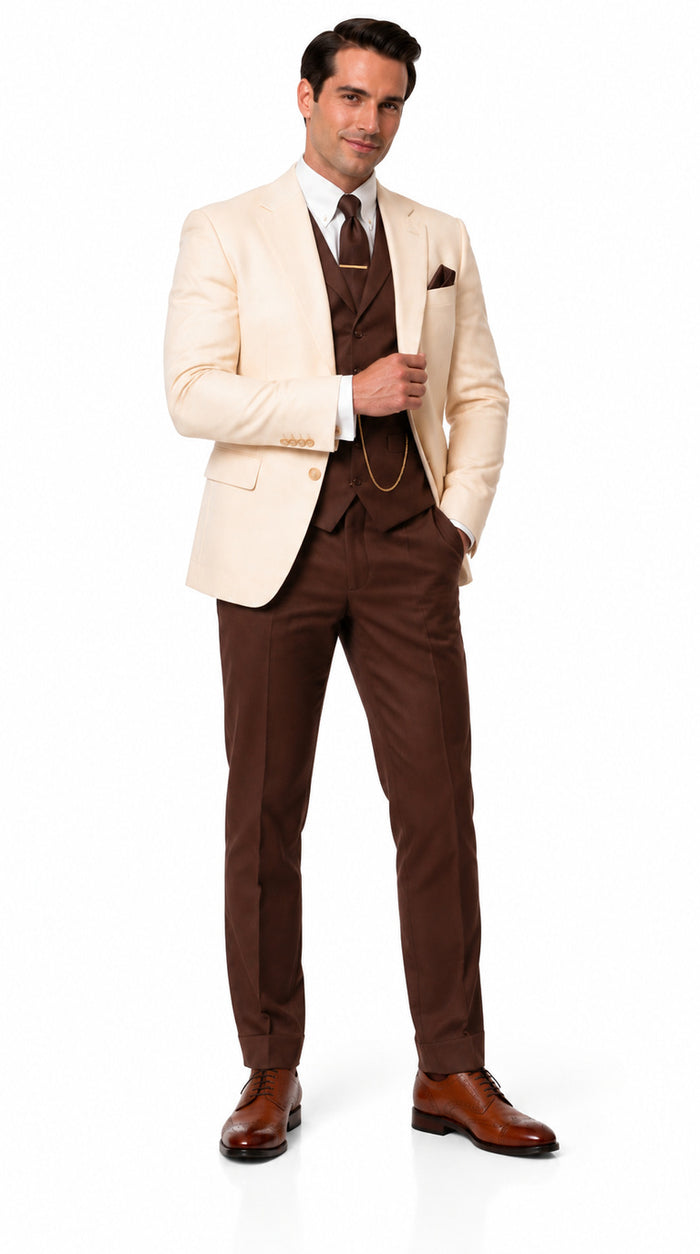 Great Gatsby 1920s ivory Dinner Jacket with Brown Vest and Pants Crema off White Collor Outfit