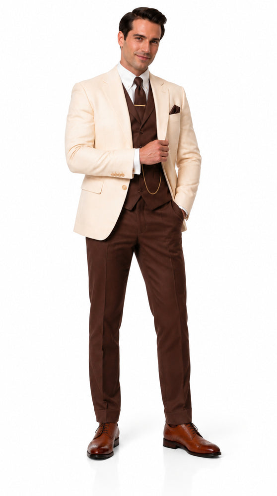 Great Gatsby 1920s ivory Dinner Jacket with Brown Vest and Pants Crema off White Collor Outfit