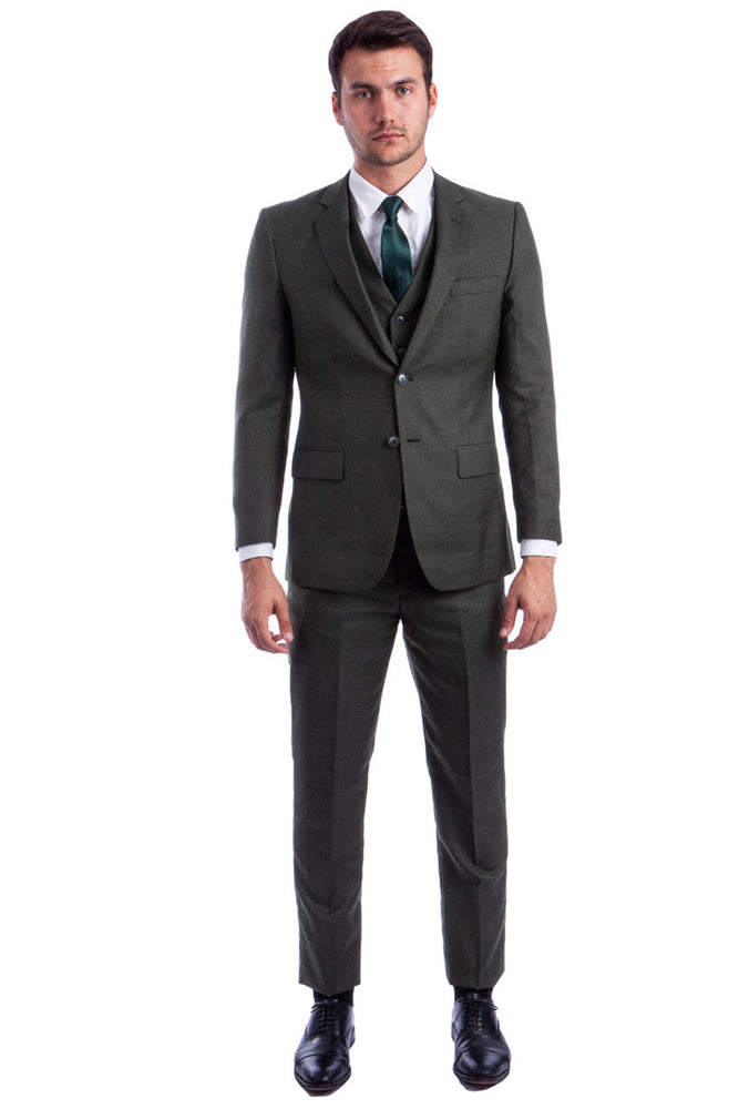 Men's Olive Green Sharkskin Suit with Vest by Tazzio