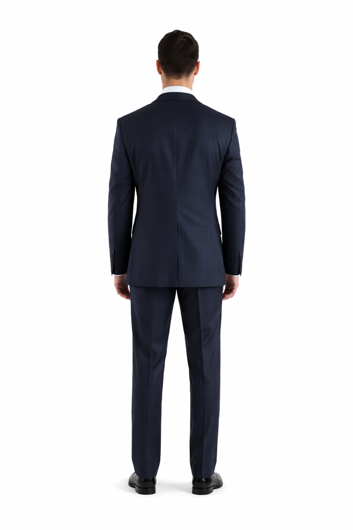 Notch Lapel Side Vented 3 buttons Rich Dark Navy Pinstripe Super 140's Wool premier quality italian fabric suit