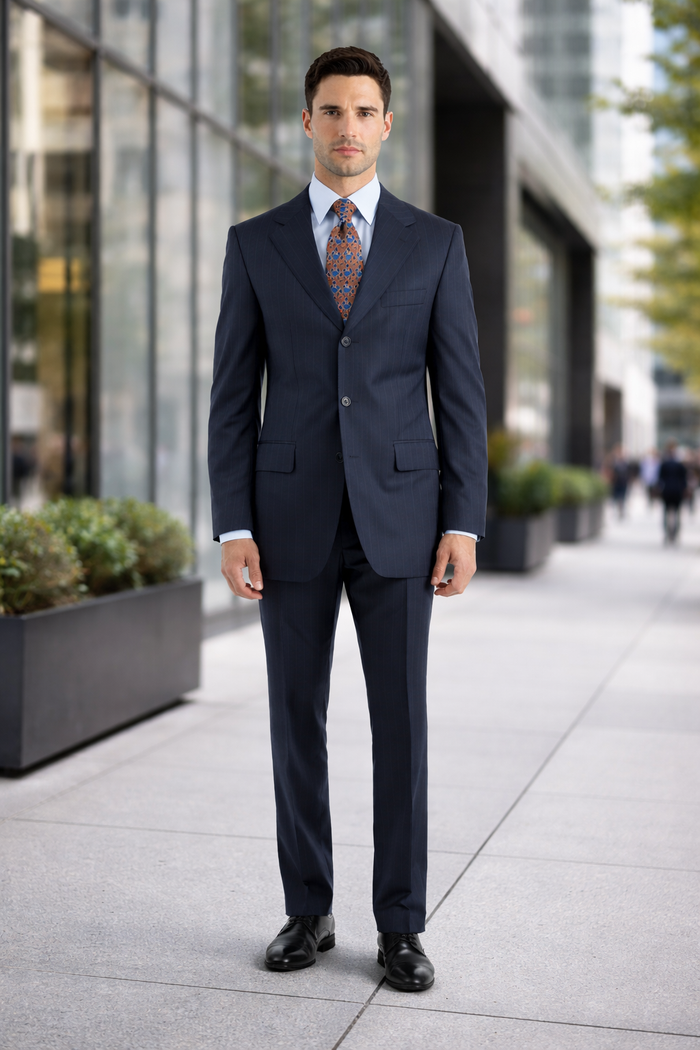 Notch Lapel Side Vented 3 buttons Rich Dark Navy Pinstripe Super 140's Wool premier quality italian fabric suit