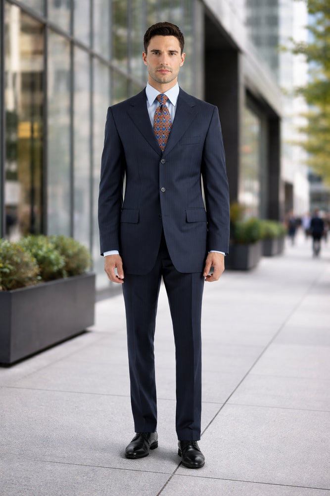 Notch Lapel Side Vented 3 buttons Rich Dark Navy Pinstripe Super 140's Wool premier quality italian fabric suit