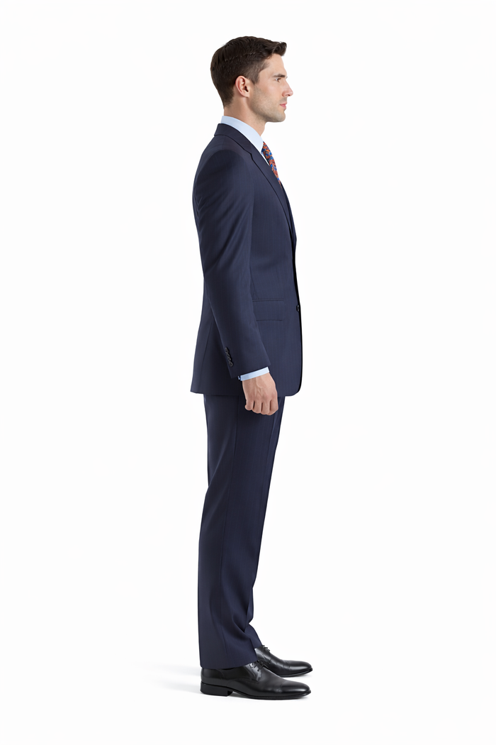 Notch Lapel Side Vented 3 buttons Rich Dark Navy Pinstripe Super 140's Wool premier quality italian fabric suit
