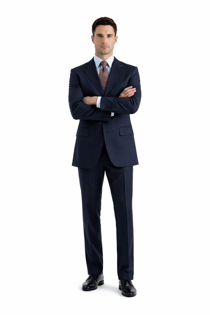 Notch Lapel Side Vented 3 buttons Rich Dark Navy Pinstripe Super 140's Wool premier quality italian fabric suit
