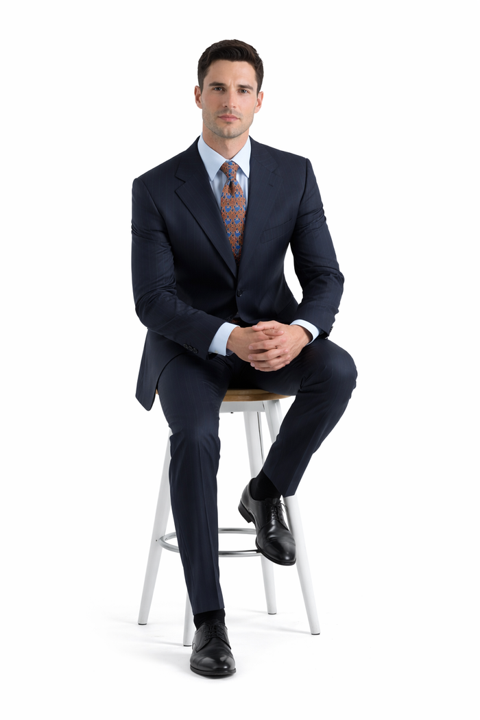 Notch Lapel Side Vented 3 buttons Rich Dark Navy Pinstripe Super 140's Wool premier quality italian fabric suit