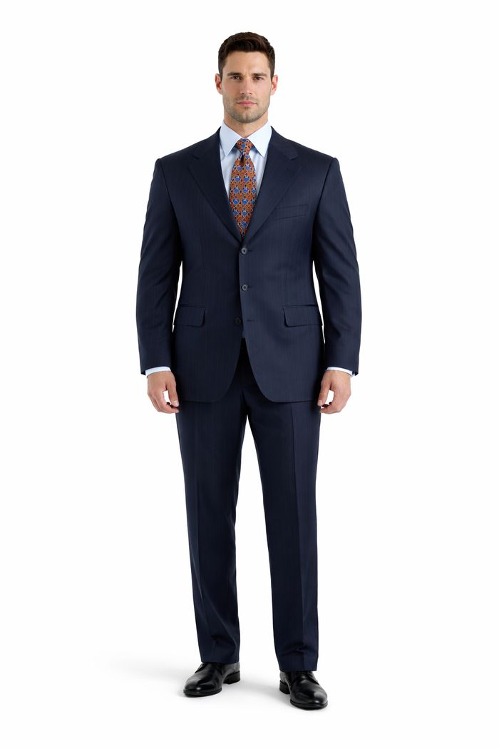 Notch Lapel Side Vented 3 buttons Rich Dark Navy Pinstripe Super 140's Wool premier quality italian fabric suit