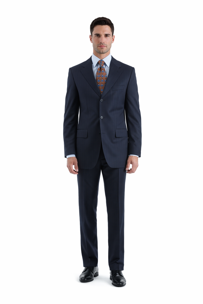 Notch Lapel Side Vented 3 buttons Rich Dark Navy Pinstripe Super 140's Wool premier quality italian fabric suit