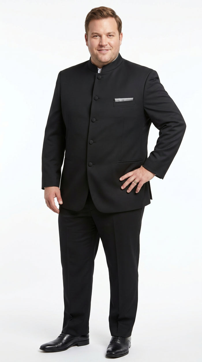 Men’s Black 5 Button Mandarin Collar Nehru Style Suit, Formal Banded Collar Dress Suit