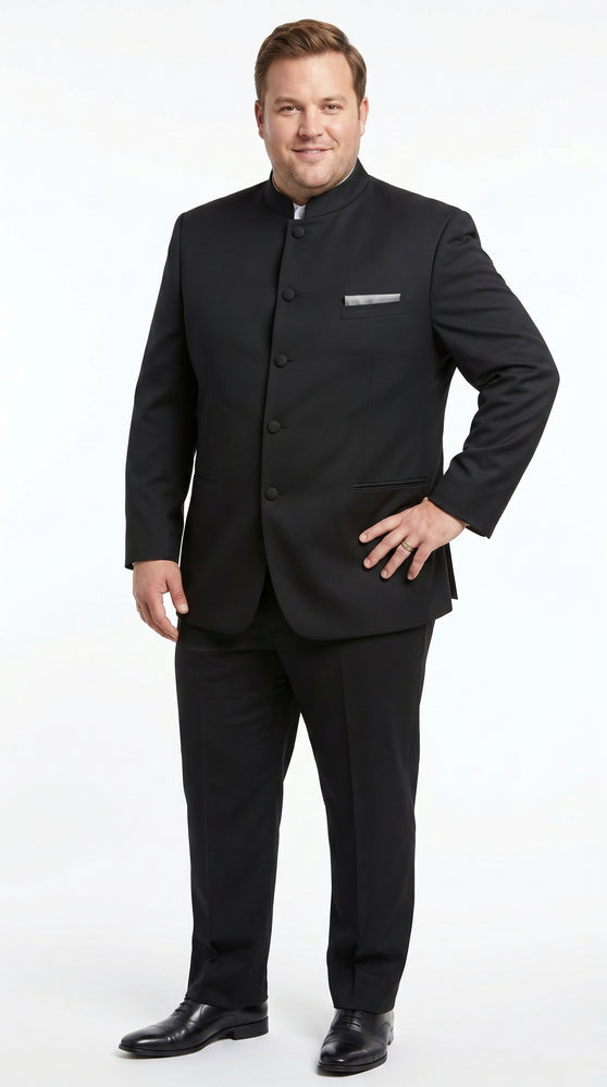 Men’s Black 5 Button Mandarin Collar Nehru Style Suit, Formal Banded Collar Dress Suit