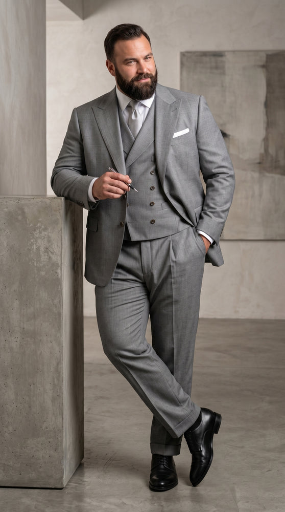 Men’s Light Grey Classic Fit Suit with Double Breasted Vest and Pleated Pants, Formal Dress Suit