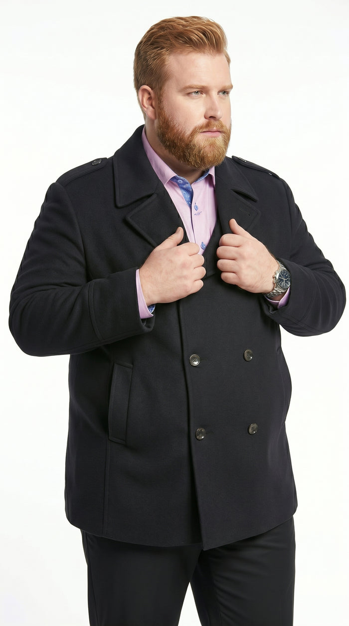 Men’s Black Wool Blend Double Breasted Peacoat, Designer Style Winter Dress Coat