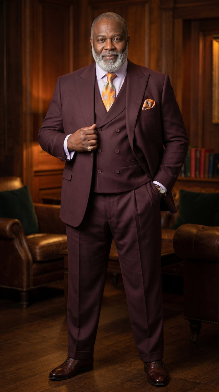 Men’s Burgundy Maroon 3 Piece Suit with Double Breasted Vest and Pleated Pants