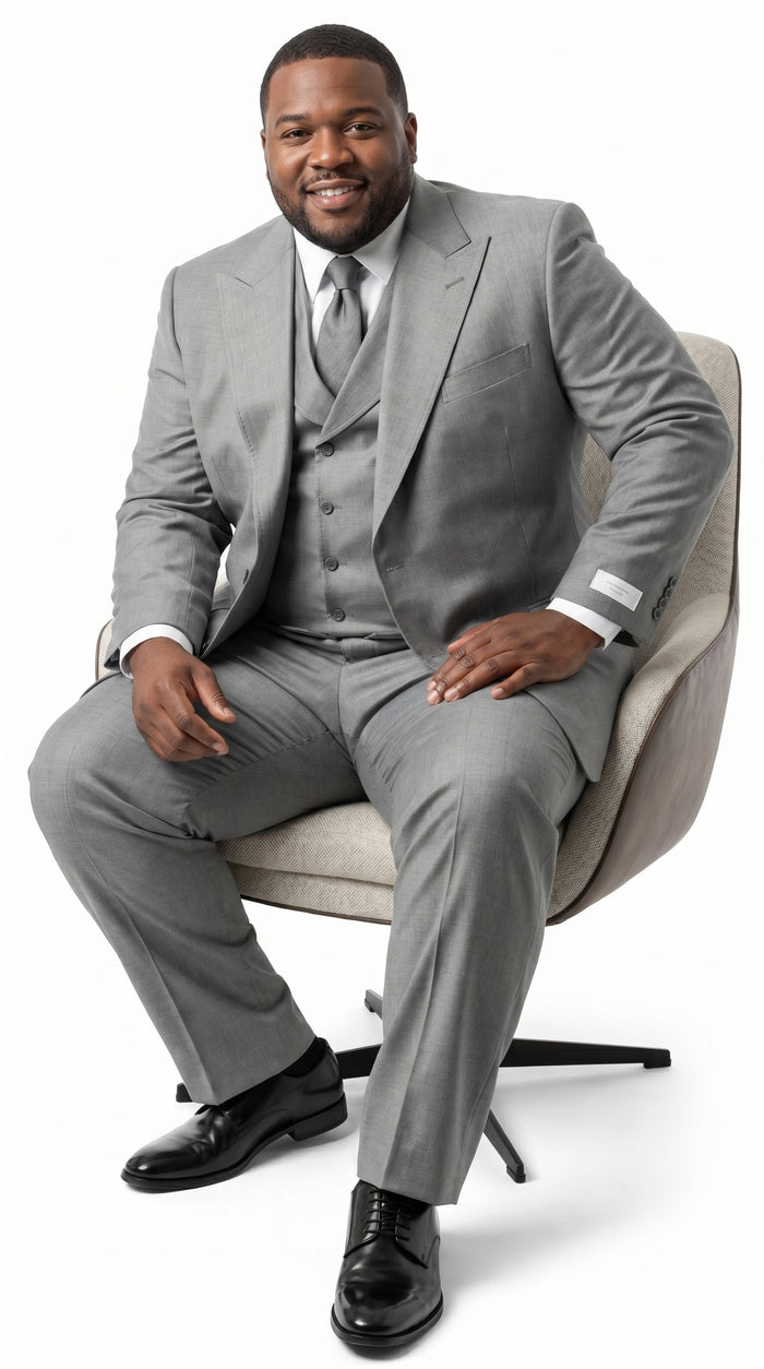 Men’s Grey 1920s Style 3 Piece Suit with Double Breasted Slanted Vest, Peak Lapel & Pleated Wide Leg Pants