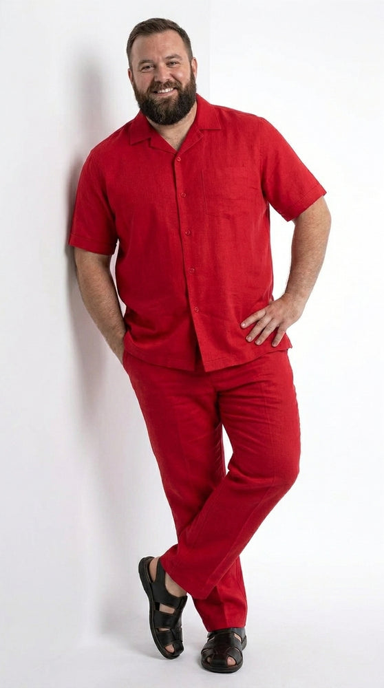 Men’s Red 2 Piece Short Sleeve Walking Suit, Casual Shirt and Pants Set