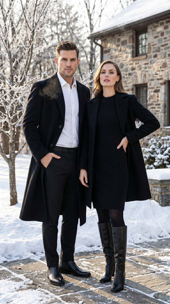Men’s Black Big and Tall Long Overcoat, Winter Dress Topcoat in 4XL 5XL 6XL