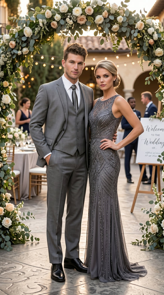 Men’s Gray 3 Piece Vested Suit with 2 Button Jacket and Peak Lapel, Formal Wedding Business Suit