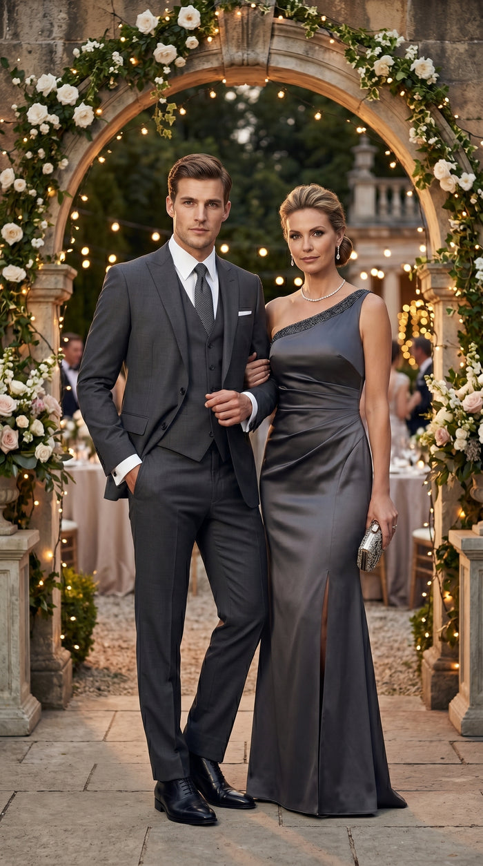 Men’s Dark Grey 3 Piece Vested Suit with 2 Button Jacket and Peak Lapel, Formal Wedding Business Suit