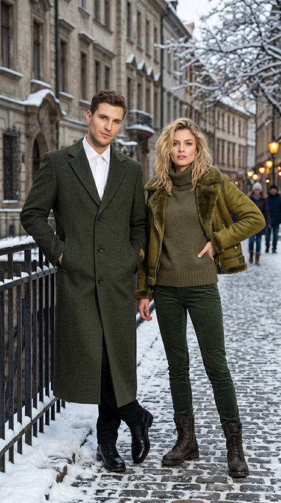 Men’s Olive Green Full Length Wool Blend Topcoat, Long Dress Overcoat for Winter Formal Wear