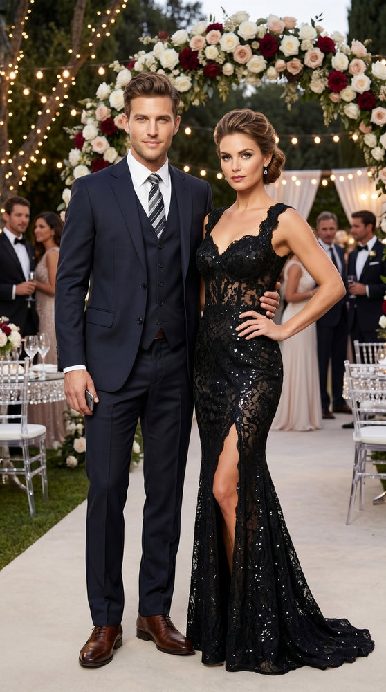 Men’s Black 3 Piece Suit with 2 Button Jacket, Vested Peak Lapel Formal Dress Suit