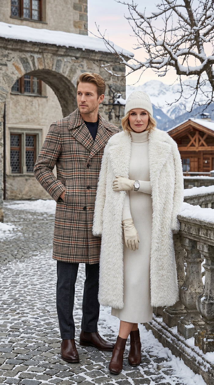 Men’s Cream Black and Red Plaid Wool Blend Peacoat, Checkered Double Breasted Winter Coat
