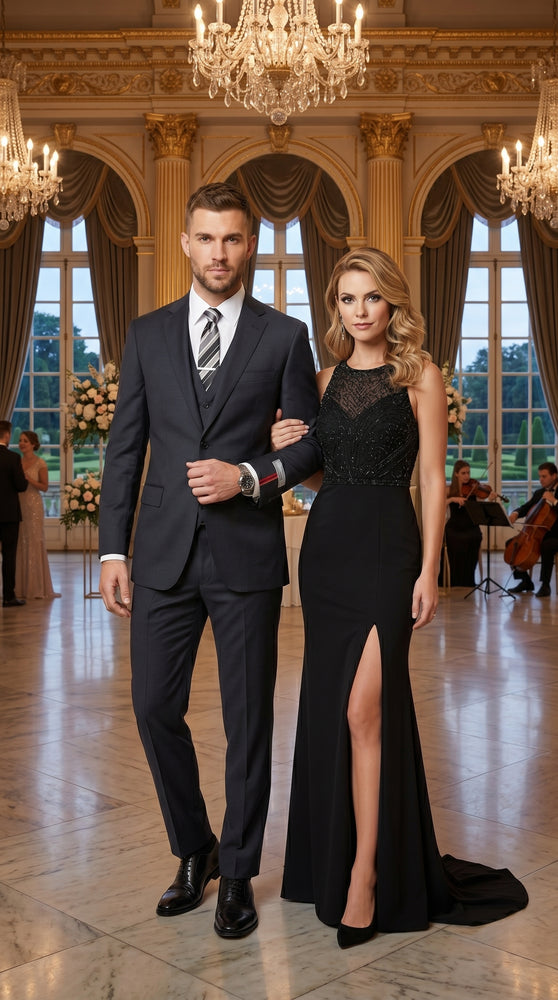 Men’s Black 3 Piece Vested Suit with 2 Button Jacket, Formal Wedding Business Suit