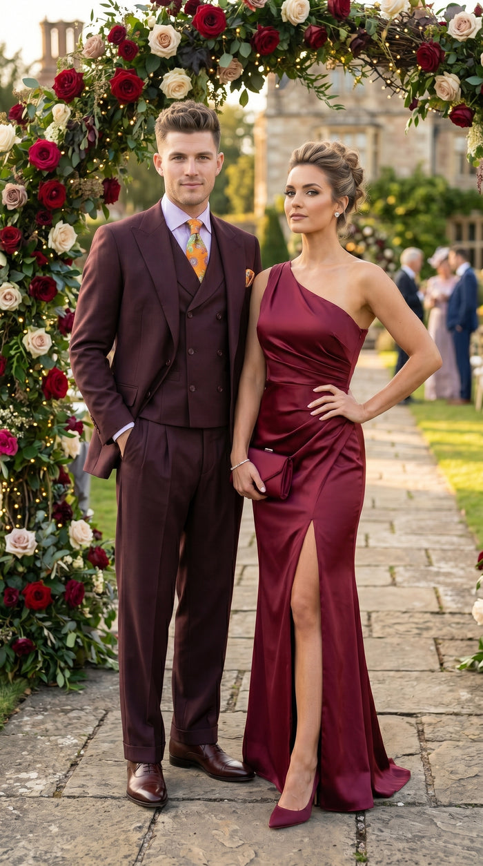 Men’s Burgundy Maroon 3 Piece Suit with Double Breasted Vest and Pleated Pants