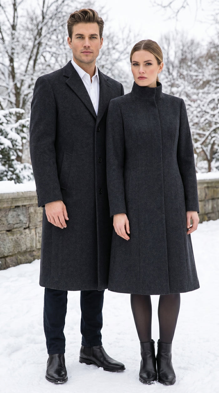 Men’s Charcoal Full Length Wool Dress Topcoat, Formal Winter Overcoat for Men