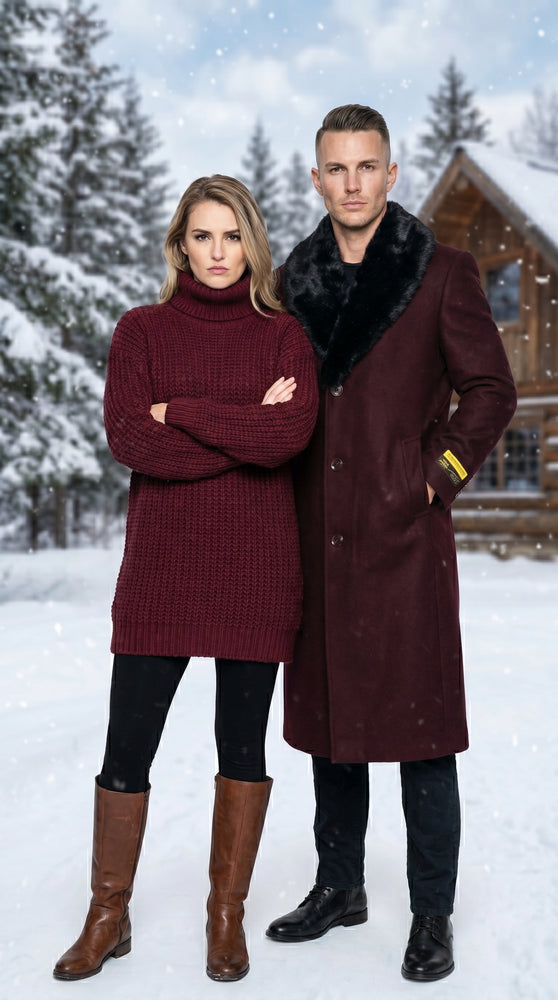 Men’s Burgundy Big and Tall Long Overcoat with Black Fur Style Collar, Winter Dress Topcoat up to Size 68