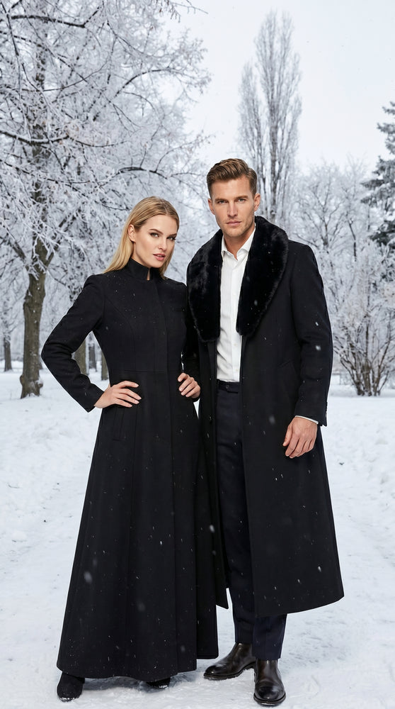 Men’s Black Cashmere Blend Full Length Overcoat with Fur Style Collar, Winter Dress Coat