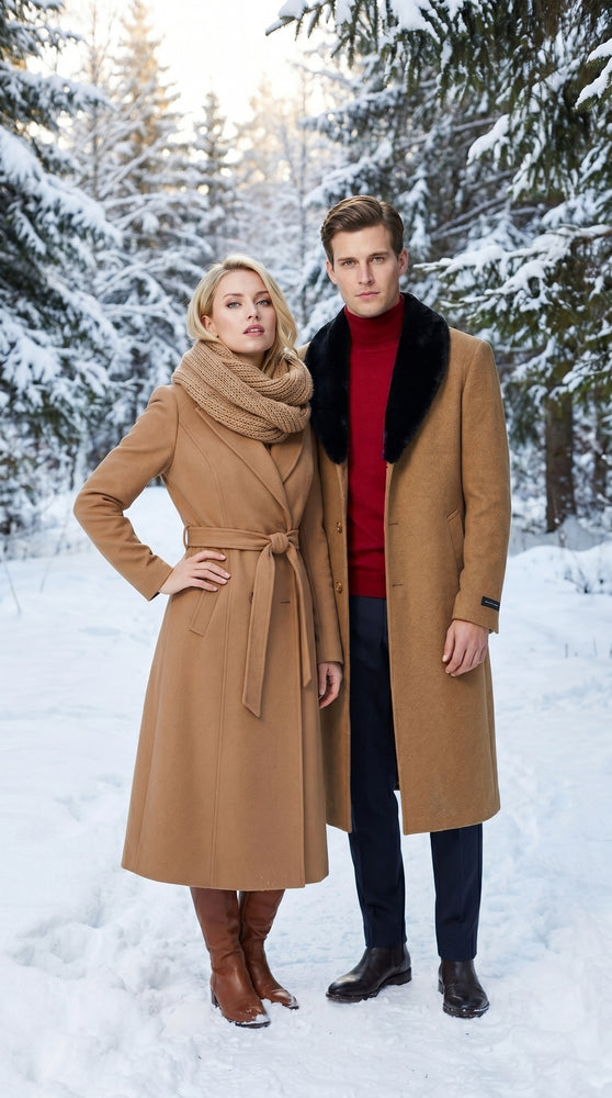 Men’s Camel Big and Tall Long Overcoat with Black Fur Style Collar, Winter Dress Topcoat up to Size 68