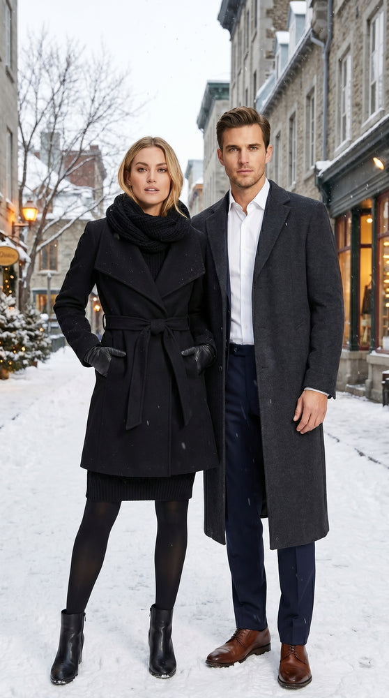 Men’s Black Cashmere Blend Full Length Overcoat, Classic Winter Dress Topcoat