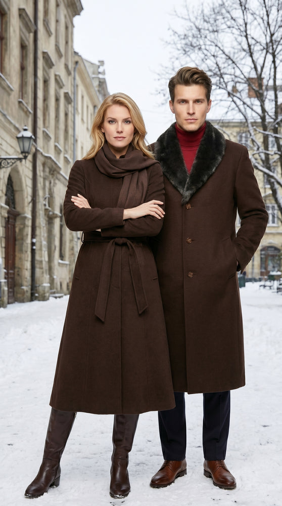 Men’s Brown Big and Tall Long Overcoat with Black Fur Style Collar, Winter Dress Topcoat up to Size 68