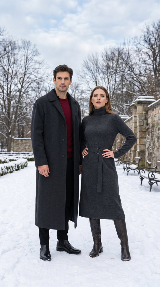 Men’s Charcoal 3 Button Long Wool Blend Dress Coat, Full Length Formal Winter Overcoat