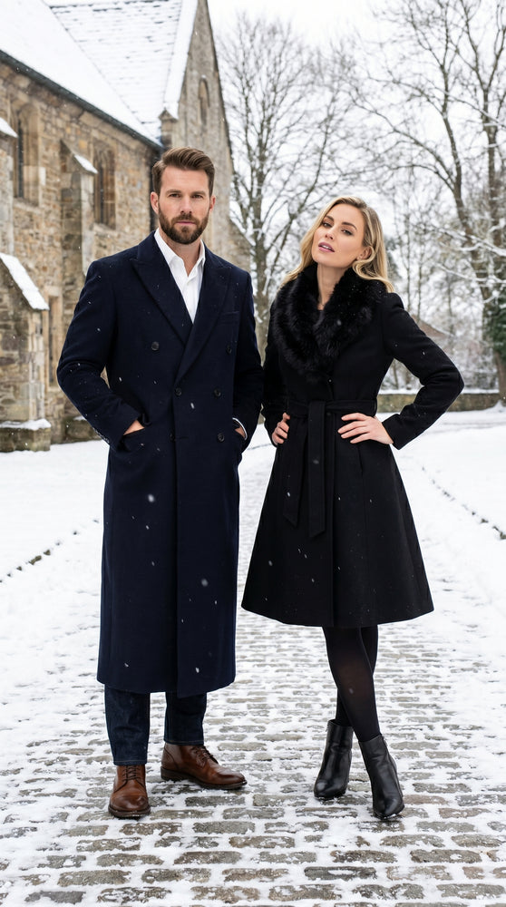 Men’s Black Cashmere Blend Full Length Overcoat, Double Breasted Winter Dress Topcoat